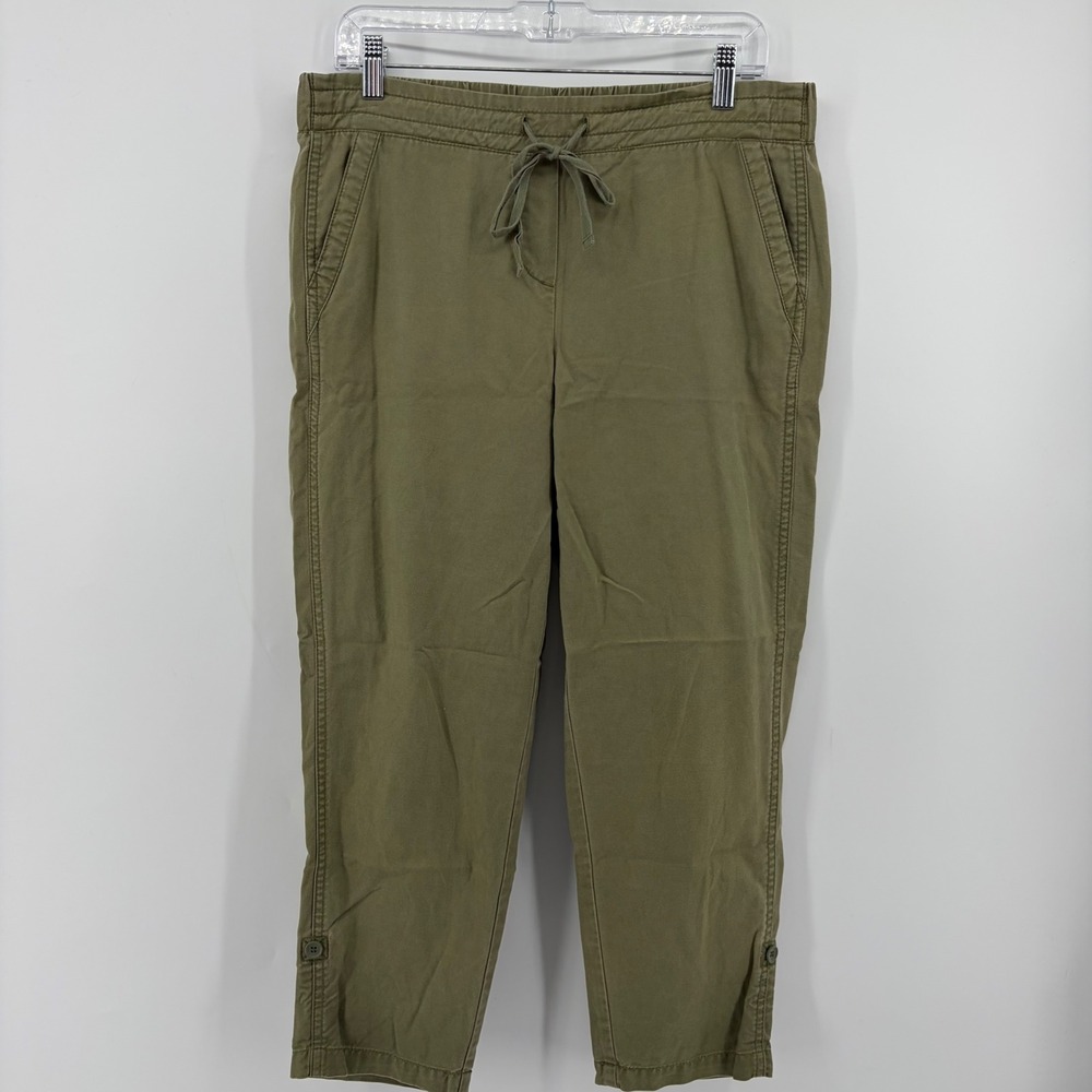 Talbots Womens 4P Olive Green Cropped Drawstring Pants Cotton Tencel Twill